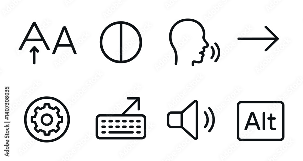 Aufkleber outline vector icons of accessibility tools: font size toggle, contrast mode, screen reader icon, sk