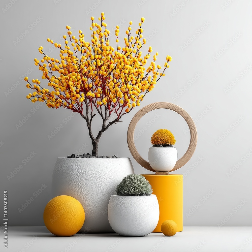 Aufkleber minimalist still life: yellow berry tree with planters and circular wood frame on a simple gray back