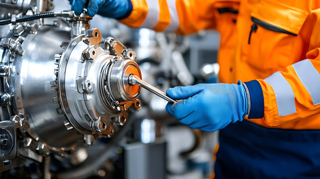 Engine maintenance action industrial facility technical process workshop environment close-up viewpoint mechanical precision