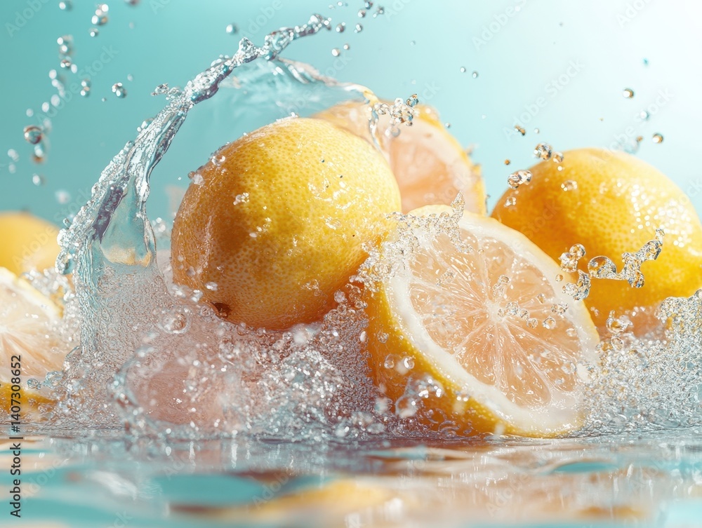 Poster fresh juicy lemons splashed in water with bubbles and splashes creating an invigorating refreshing s