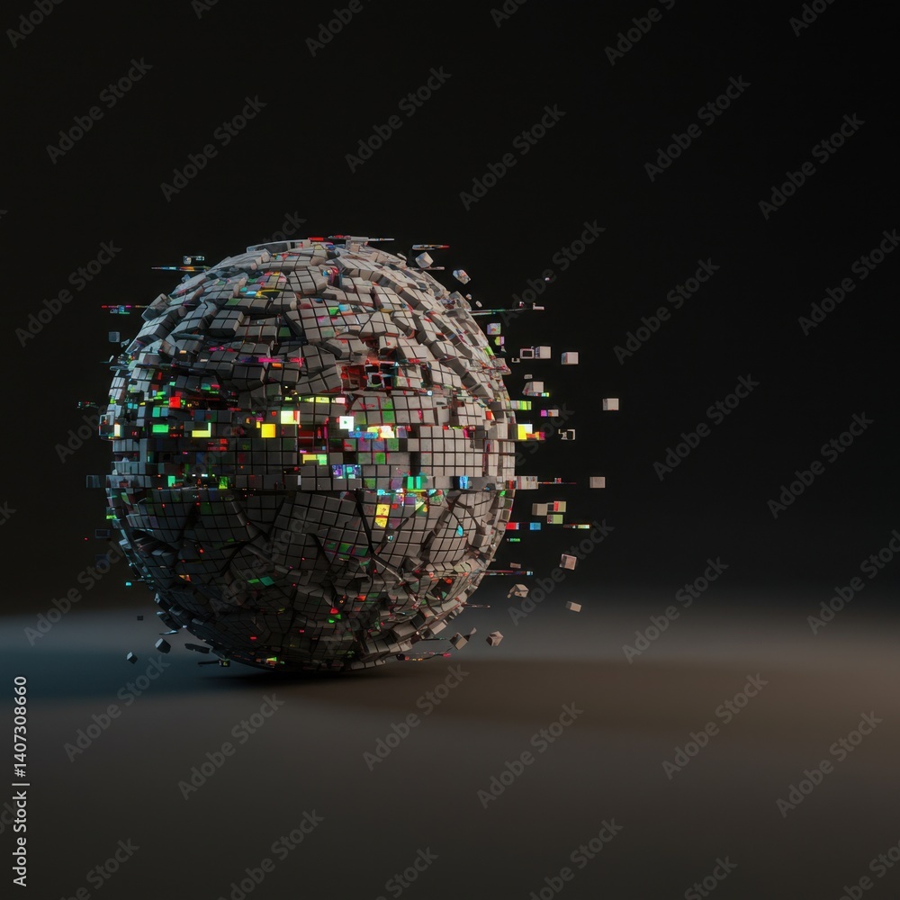 Poster abstract 3d render of a shattering sphere composed of colorful cubes exploding into digital space