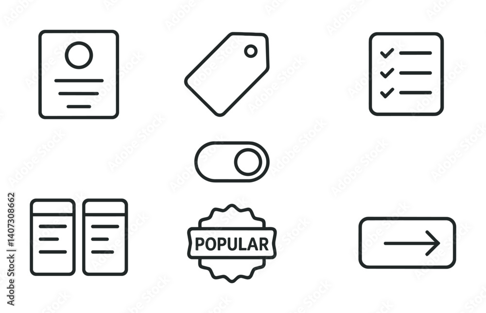 Poster outline vector icons of landing page design: hero image, headline text, call-to-action button, form 