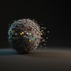 Abstract 3D Render of a Shattering Sphere Composed of Colorful Cubes Exploding into Digital Space