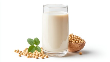 A refreshing glass of soy milk surrounded by soybeans. Ideal for health-conscious choices and a dairy-free alternative, perfect for smoothies, cooking, and everyday beverages.