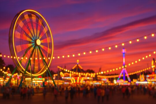 Colorful motion blur of a ferris wheel with carnival lights at dramatic sunset