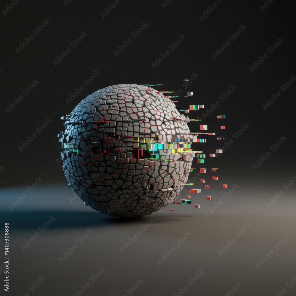 Poster abstract 3d render of a shattering grey sphere with colorful fragments disintegrating