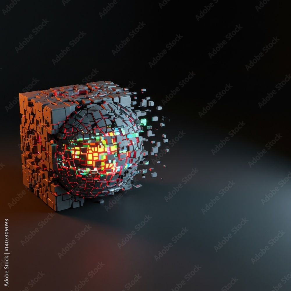 Poster abstract 3d render of a disintegrating cube revealing a luminous sphere a futuristic digital art
