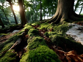 Obraz premium Lush Green Moss Covering Forest Tranquil Nature Scene Photography Early Morning Light Ground Level Perspective Natural Beauty