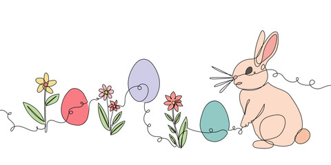 Easter Bunny and Eggs with Flowers Line Drawing