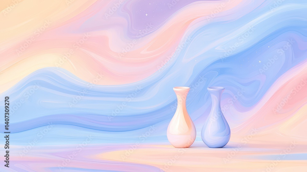 Poster A serene abstract background featuring two elegant vases on a gentle swirl of pastel colors, creating a calming atmosphere ideal for artistic and creative projects.