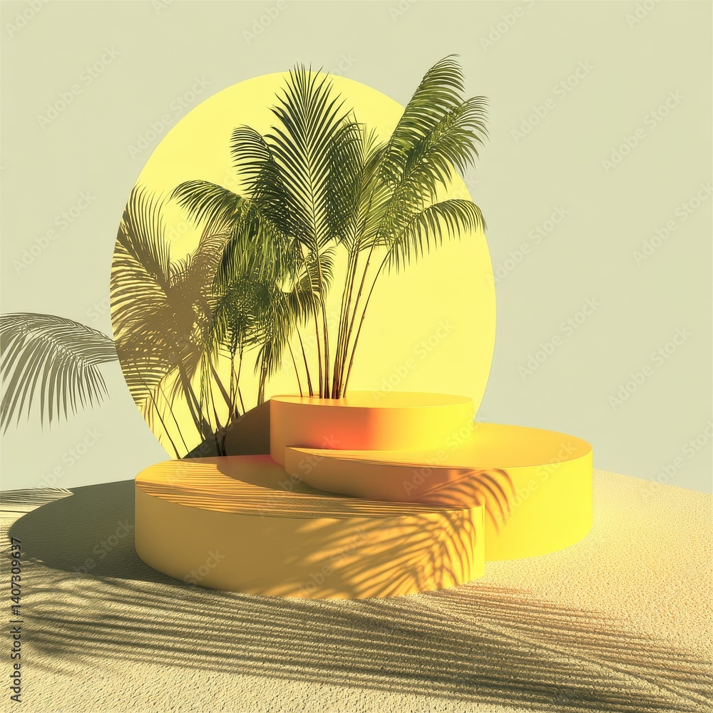 Poster tropical paradise display: golden stage with palm trees and sunlit backdrop for product presentation