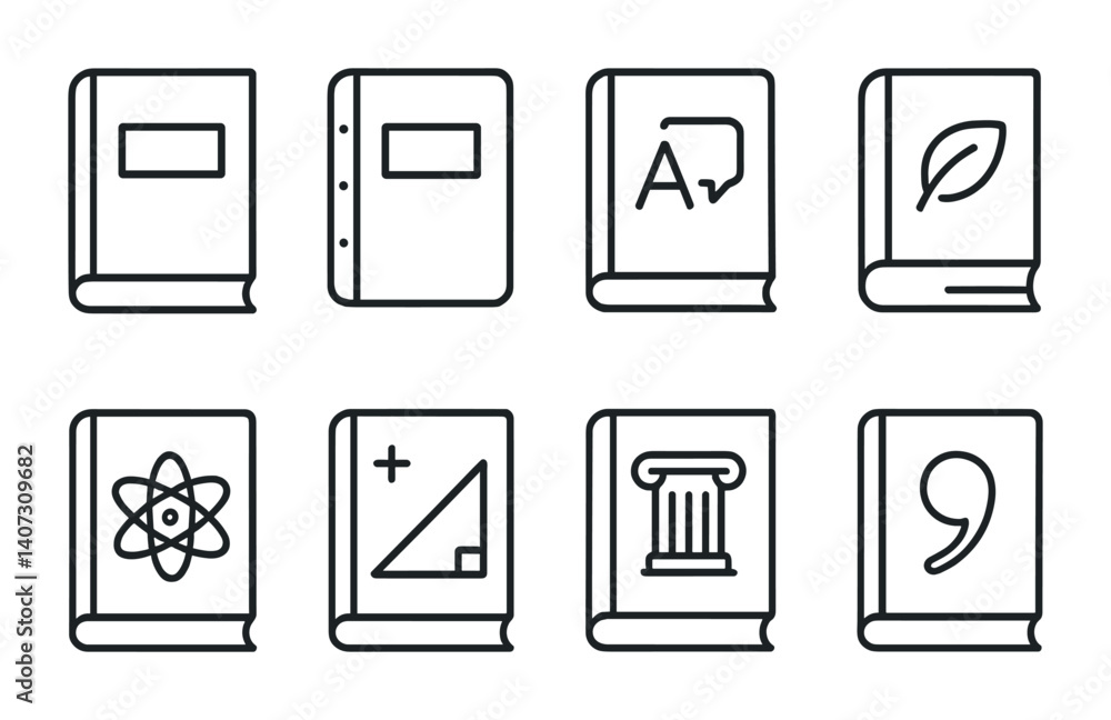 Poster outline vector icons of educational notes: textbook note, lecture note, revision list, formula sheet