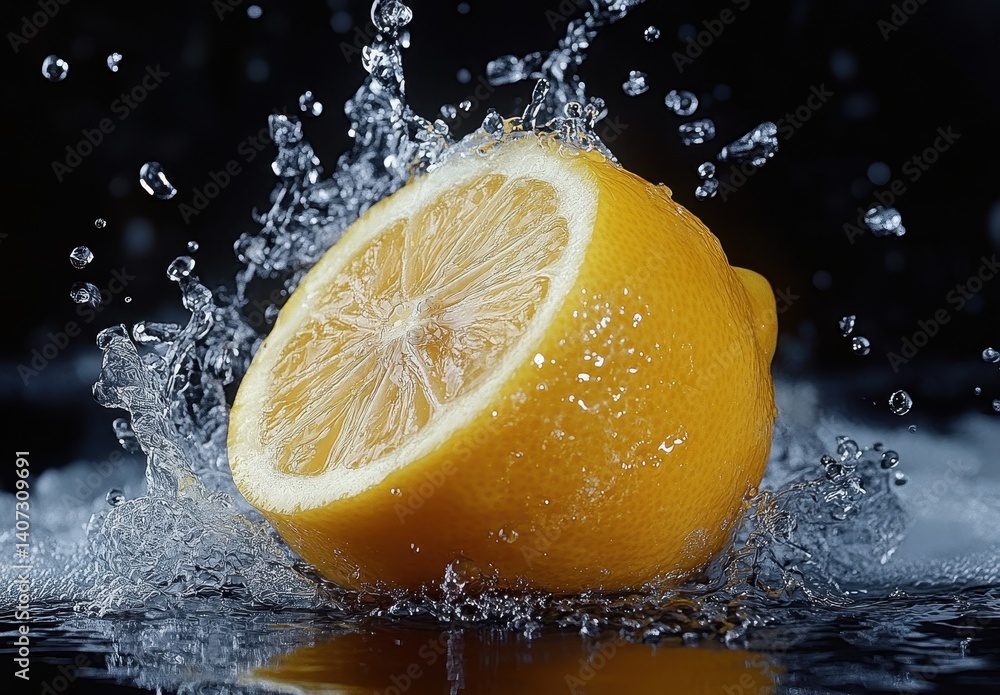 Poster fresh lemon half with water splash in dark background, highlighting citrus texture and refreshing vi