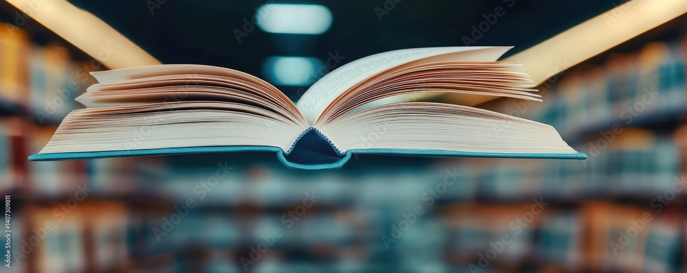 Poster books floating in the air within a flying and cognition concept. an open book floating in a library,