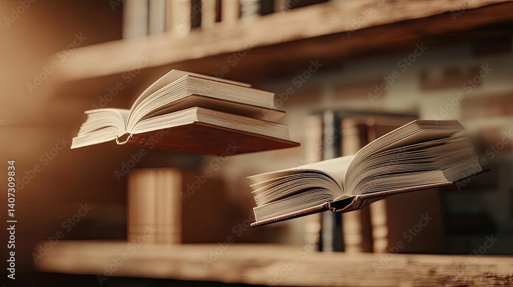 Poster books floating in the air inside a reading and bookshelves concept. magical floating books create an