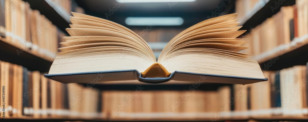 Poster books floating in the air within a flying and cognition concept. an open book floating in a library,