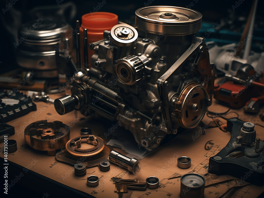 Poster motor components assembling with pistons moving rhythmically and oil circulating steadily
