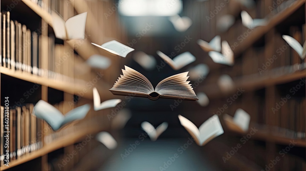 Poster books floating in the air within a flying and cognition concept. floating books in a library symboli