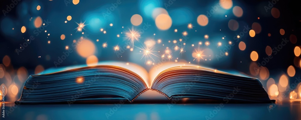 Poster books floating in the air within a flying and cognition concept. an open book with glowing lights cr