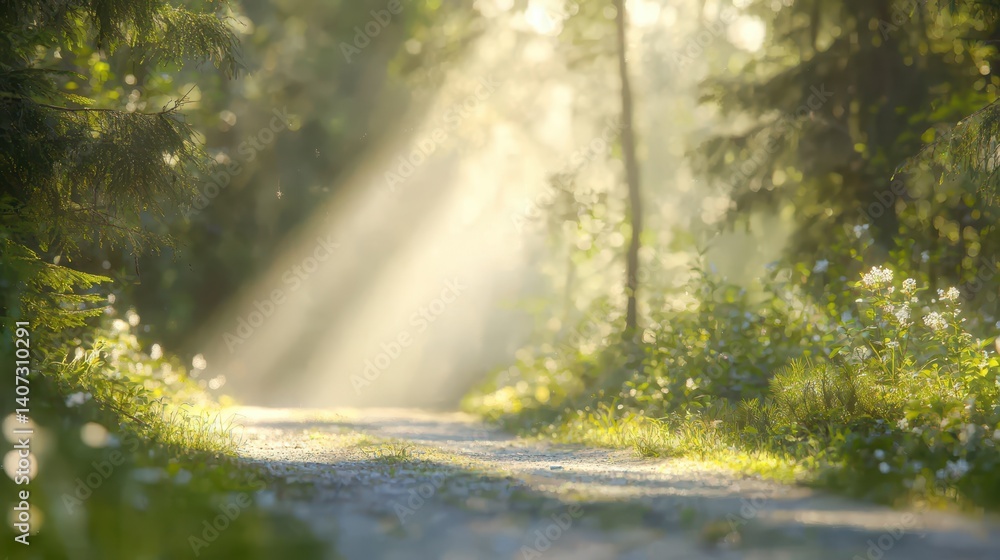 Poster a serene forest path illuminated by soft sunlight filtering through tall trees, creating a peaceful 