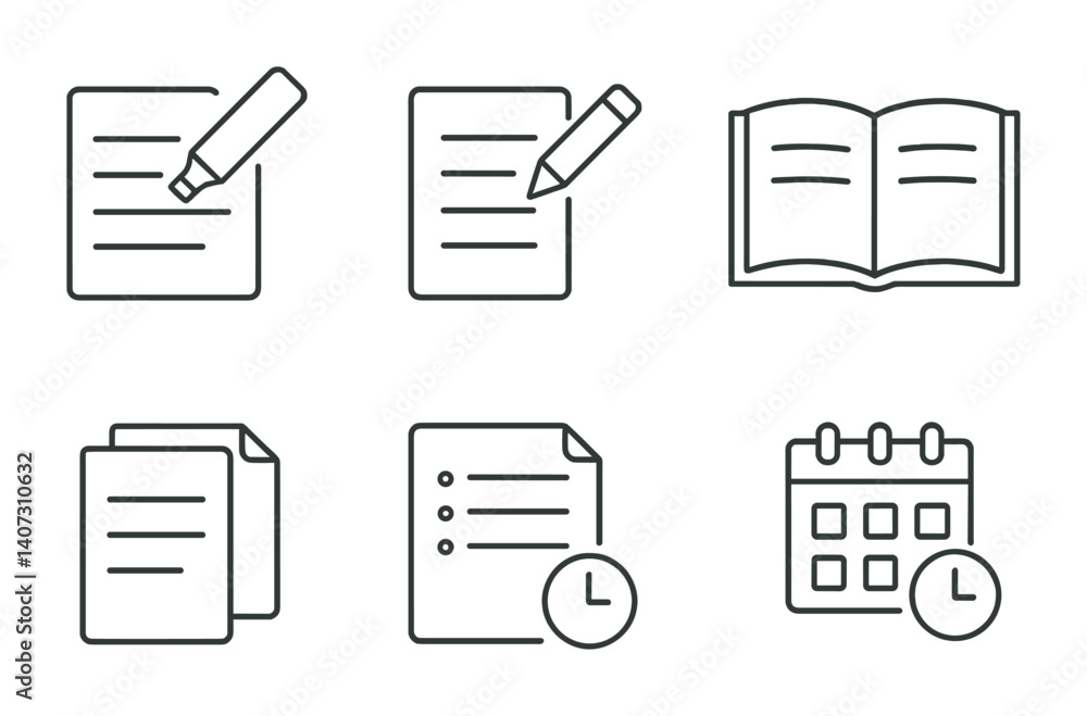 Poster outline vector icons of academic reading: highlighted text, study notes, textbook open, lecture book