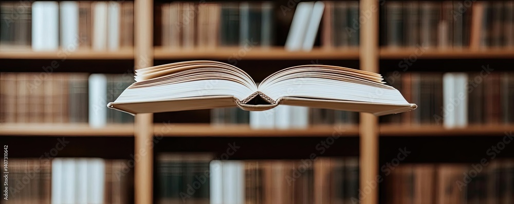 Poster books floating in the air within a flying and cognition concept. an open book floating in a cozy lib