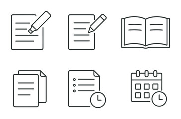 outline vector icons of academic reading: highlighted text, study notes, textbook open, lecture book, assignment reading, bibliography, reading schedule, textbook tab. No text. The icons should be
