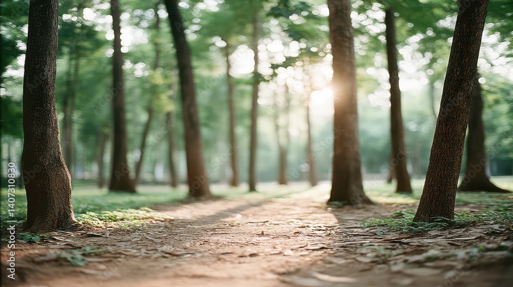 Poster a serene forest scene with sunlight filtering through the trees, creating a tranquil atmosphere. per