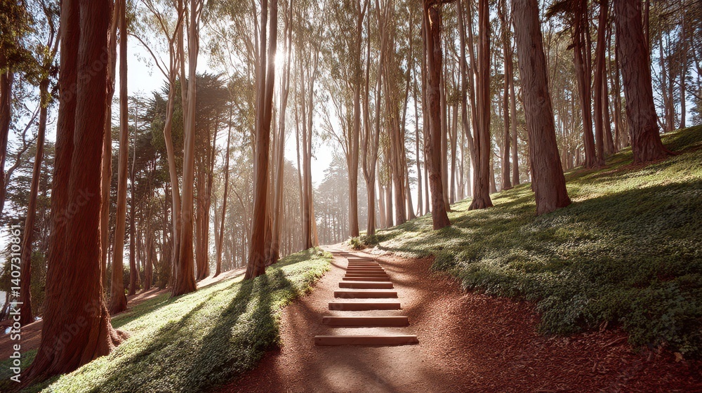 Aufkleber a serene forest scene with towering trees and a winding path illuminated by soft sunlight, inviting 
