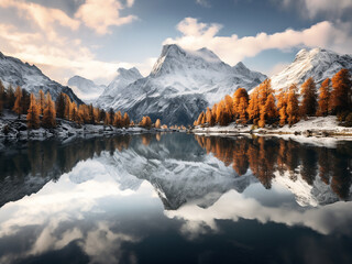 Fototapeta premium The calm surface of a mountain lake reflects the peaks, doubling their beauty at dawn