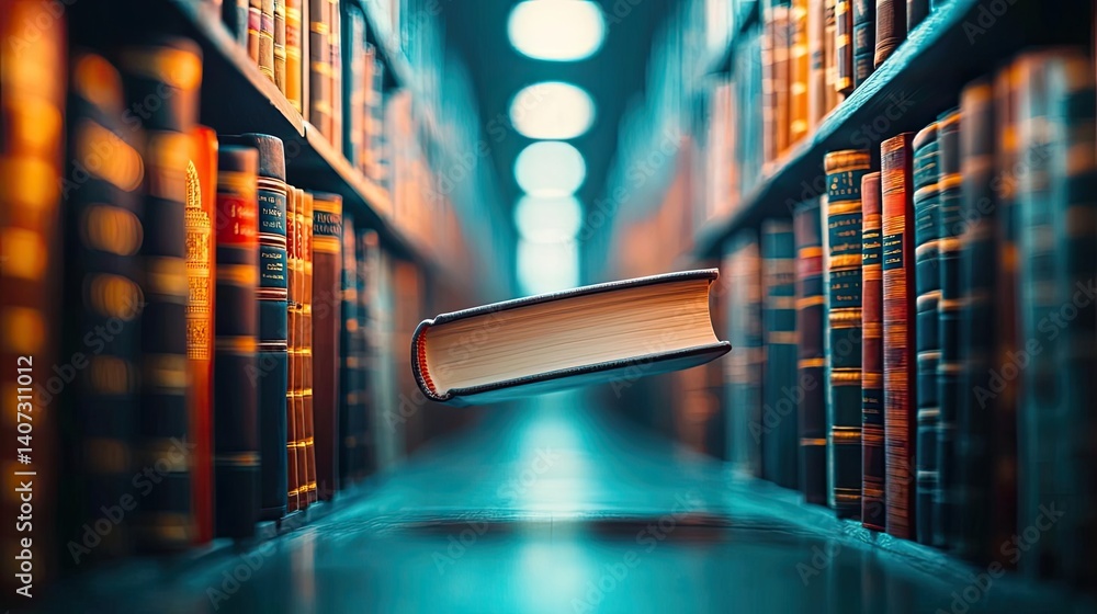 Poster books floating in the air inside a reading and bookshelves concept. an enchanting library with a flo