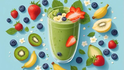 Flat Illustration of Green Smoothie with Fruits and Spinach on Blue Background
