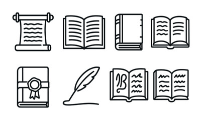 outline vector icons of historical books: scroll, ancient script, old binding, aged paper, medieval book, wax seal, calligraphy, handwritten manuscript. No text. The icons should be clean. isolated