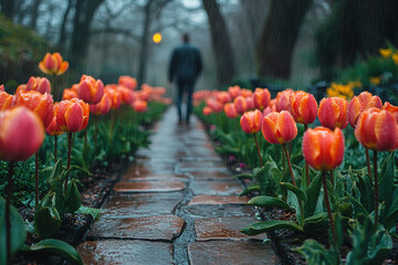 Generative AI image of a solitary figure walking through a misty botanical garden with vibrant blooming flowers during a spring rain