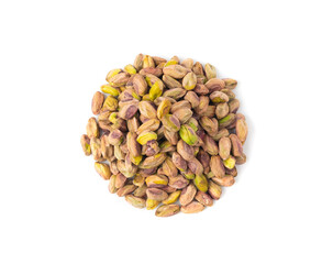 Fried salt pistachio nuts isolated. Baked pistachios pile, roasted green pistache fruits on white