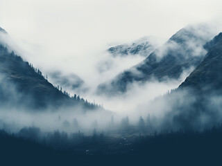 A mist blankets the mountain, shifting from white to steel blue in a foggy effect