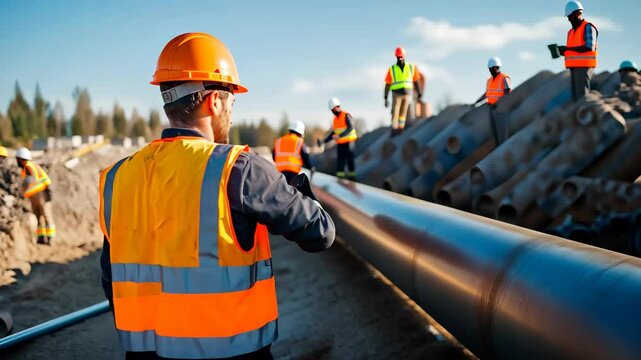 Workers install underground pipes for utility infrastructure A construction worker carefully a safety vest and hard hat in inspects and installs a large underground pipeline video 4k