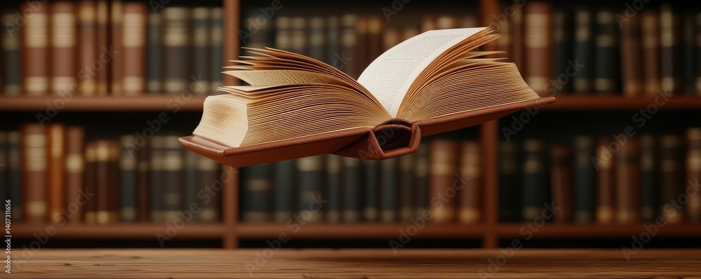 Poster books floating in the air within a flying and cognition concept. an open book floating above a woode