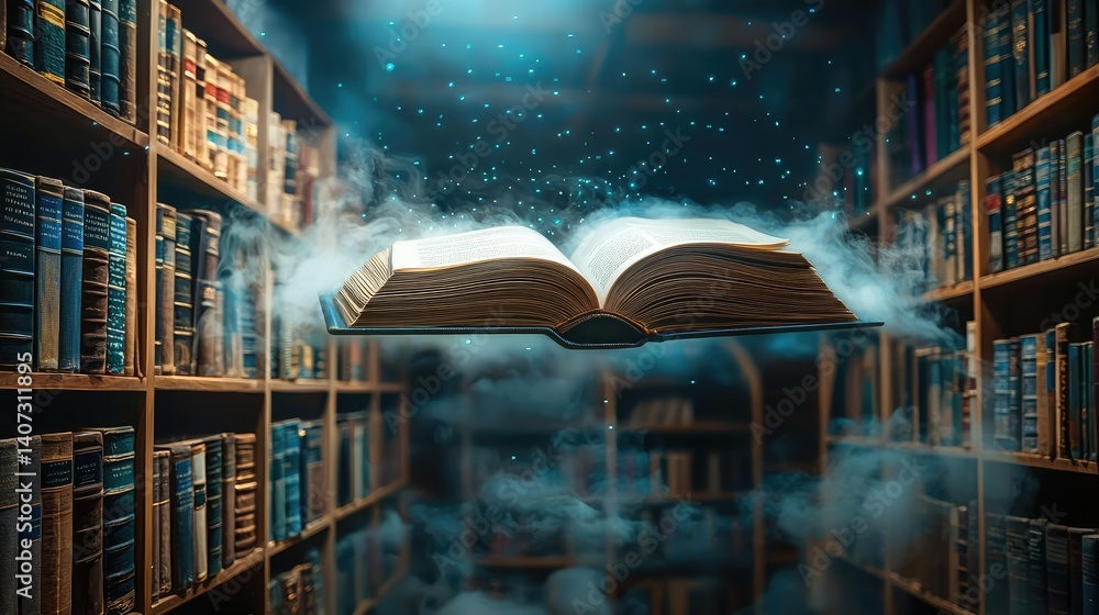 Poster books floating in the air inside a reading and bookshelves concept. a mystical open book floating in