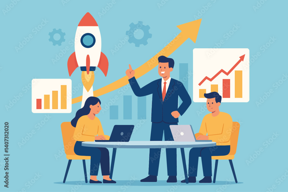 Poster vector illustration of a team discussing growth and startup business strategy with rocket and charts