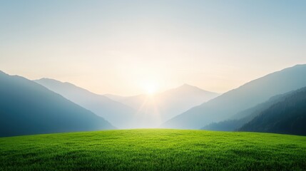 Fototapeta premium A serene landscape showcasing lush green hills and majestic mountains under a soft glow of sunlight. This image captures the essence of nature's beauty and tranquility.