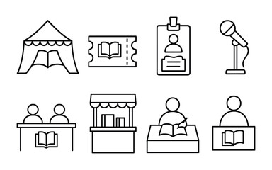 outline vector icons of bookshops: bookstore front, sale sign, book display, cash register, staff pick, book fair icon, new arrival tag, shelf browsing. No text. The icons should be clean. isolated