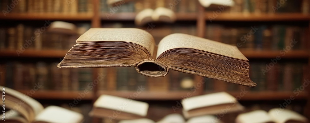 Aufkleber books floating in the air within a flying and cognition concept. floating book above ancient library