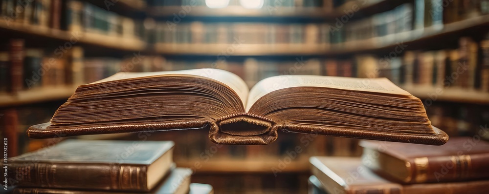 Poster books floating in the air within a flying and cognition concept. an open book in a vintage library f