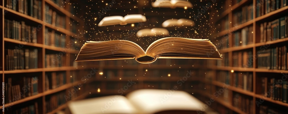 Aufkleber books floating in the air inside a reading and bookshelves concept. imaginary scene of floating book