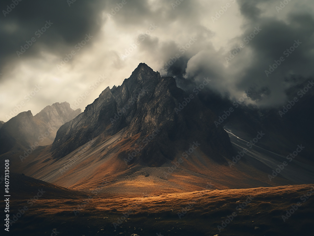 Aufkleber mountain weather shifting fast with clouds building and lightning creating an urgent threat
