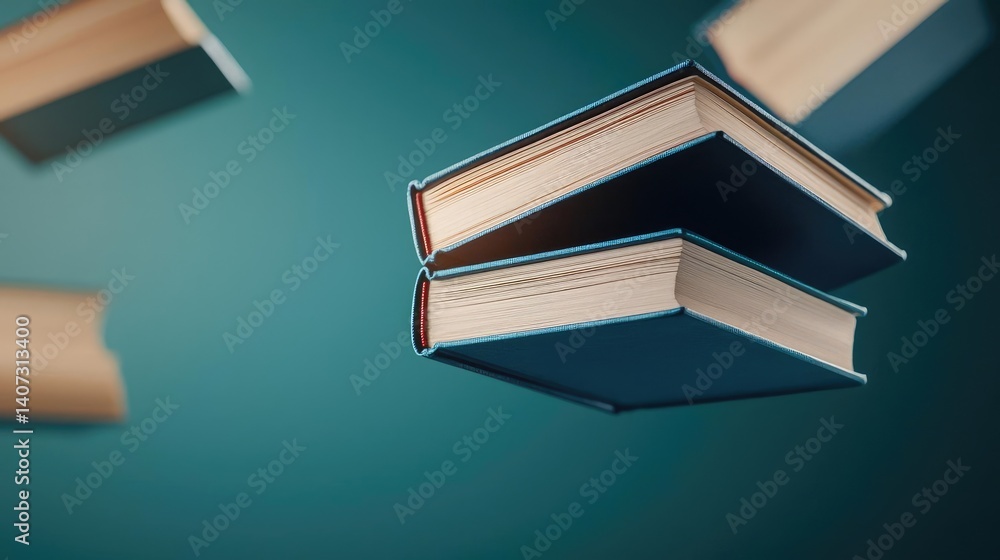 Poster books floating in the air inside a reading and bookshelves concept. floating books in an artistic di