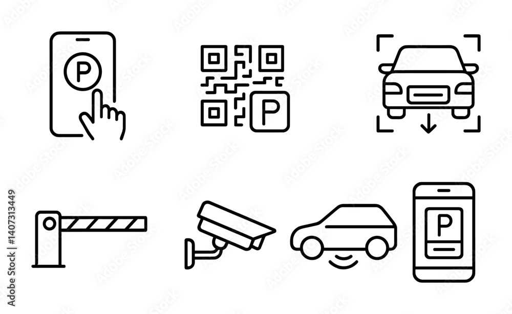 Poster outline vector icons of smart parking systems: app control, qr code, real-time slot info, license pl