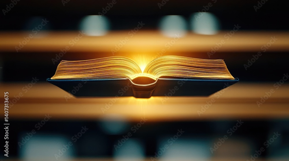 Poster books floating in the air within a flying and cognition concept. an open book glowing softly, symbol