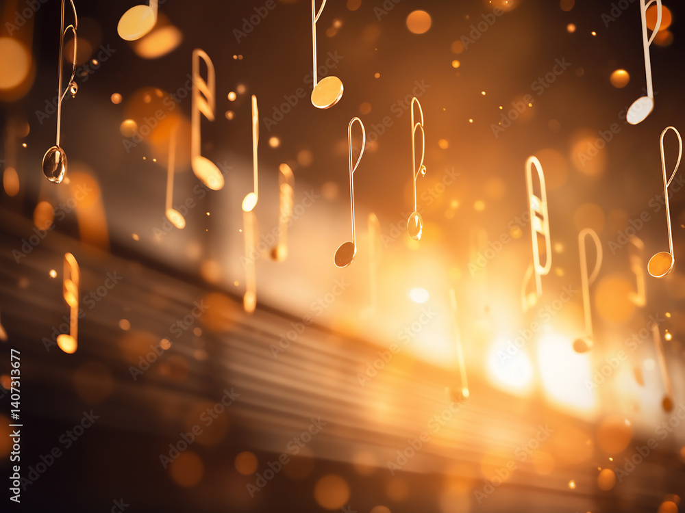 Poster music notes flowing in melodies creating a natural practice space with afternoon light filtering